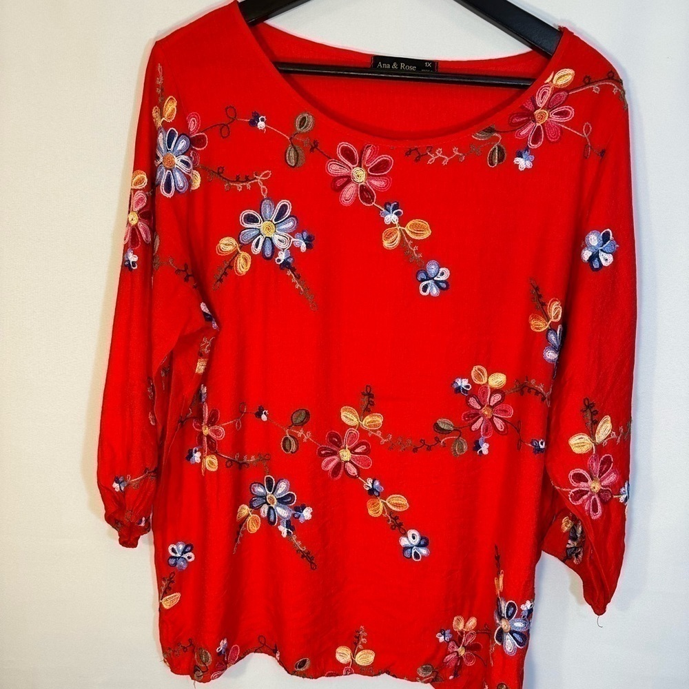 Ann & Rose Boho Embroidered Red Floral 3/4 Puff Sleeve Tunic Top Blouse Size 1X
